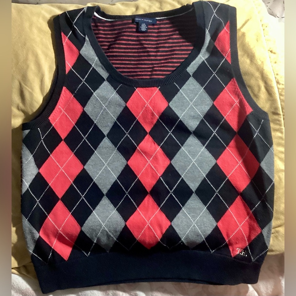 Tommy Hilfiger Black and Pink Striped Vest Womens Size Large Vintage